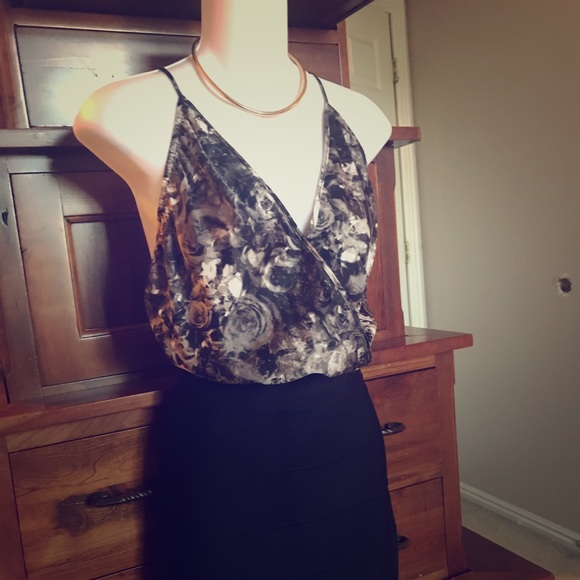 bebe Tops - Black and white silk rose print bodysuit